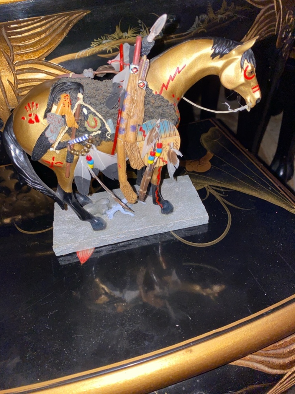 The Trail Of Painted Ponies Medicine Gold and Black Native Warrior Horse Figuri